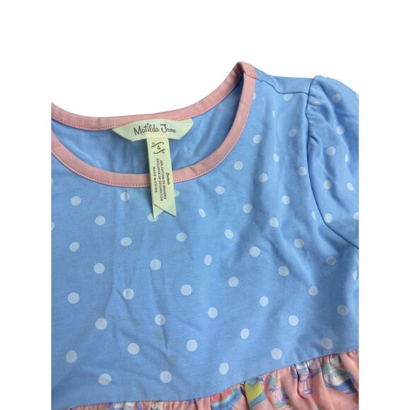 Matilda Jane Girls Size 4 Dress Tunic – Blue Polka Dot Pink Ruffle Birthday - Picture 2 of 5